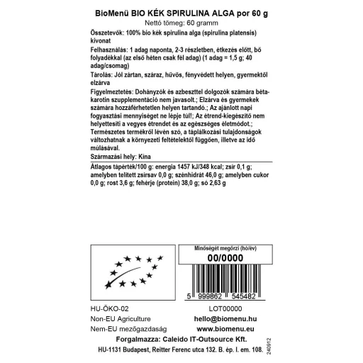 BioMenü Bio Modrý Spirulina prášek 60 g datový štítek