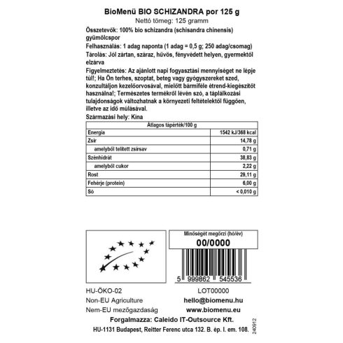 BioMenü Bio Schizandra prášek 125 g datový štítek