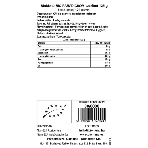 BioMenü Bio Rajčata, Sušená 125 g datový štítek